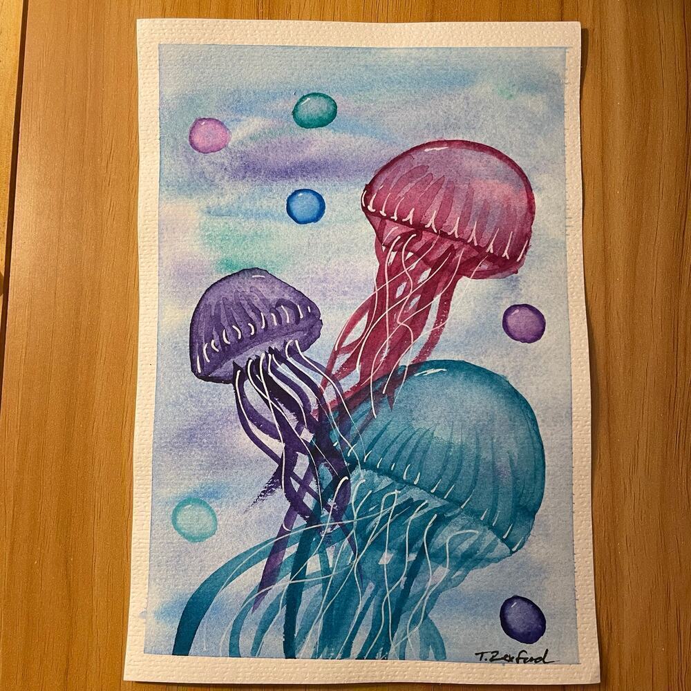 Handmade watercolor original painting jellyfish 8.25x5.5"